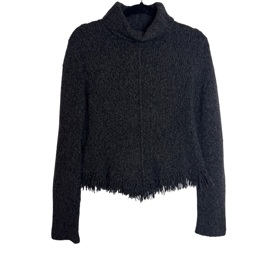 Banana Republic L Grey Wool Blend Fringe Hem Turtleneck Sweater Winter Vacation
